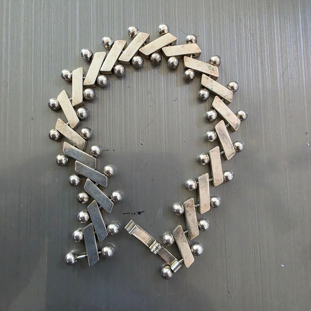 Vintage Mexican 925 Sterling Silver Geometric Bar Bead Link Bracelet 8.5" 34g